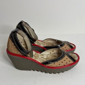 Fly London Shoes Womens 37 6.5 7 Tan Red Leather Wedge Heel Peep Toe Sandals